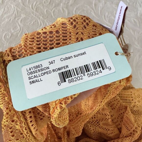 NWT Luli Fama Obsession Scalloped Romper Yellow Cuban Sunset Small Coverup - Picture 8 of 11